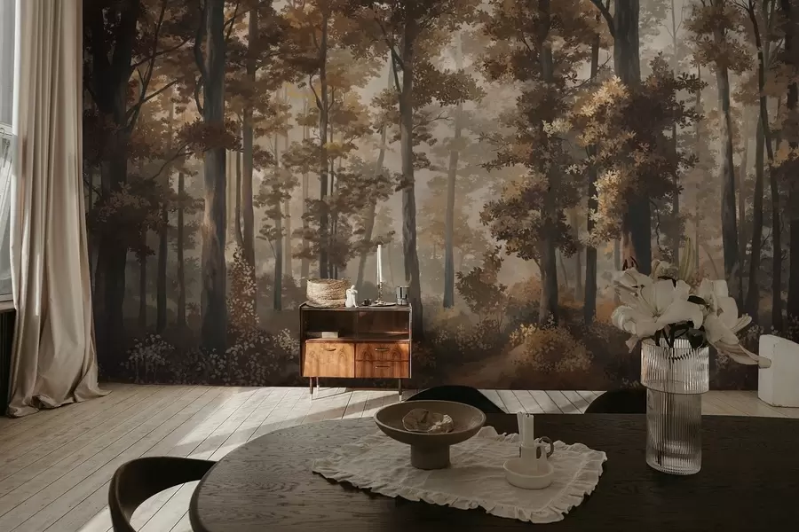 Fototapeta Jesienna scena leśna z ciepłym światłem i gęstymi drzewami w05089v1