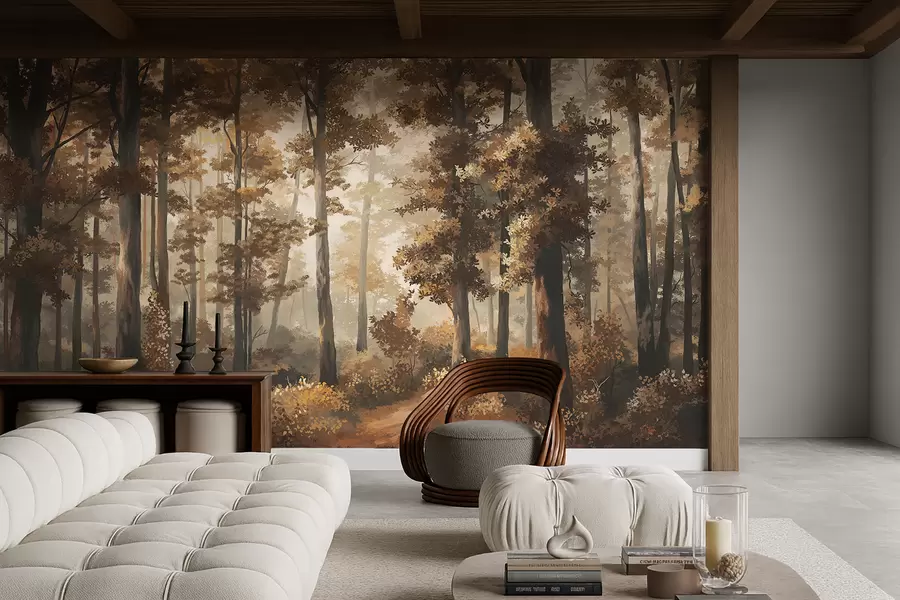 Fototapeta Jesienna scena leśna z ciepłym światłem i gęstymi drzewami w05089v1