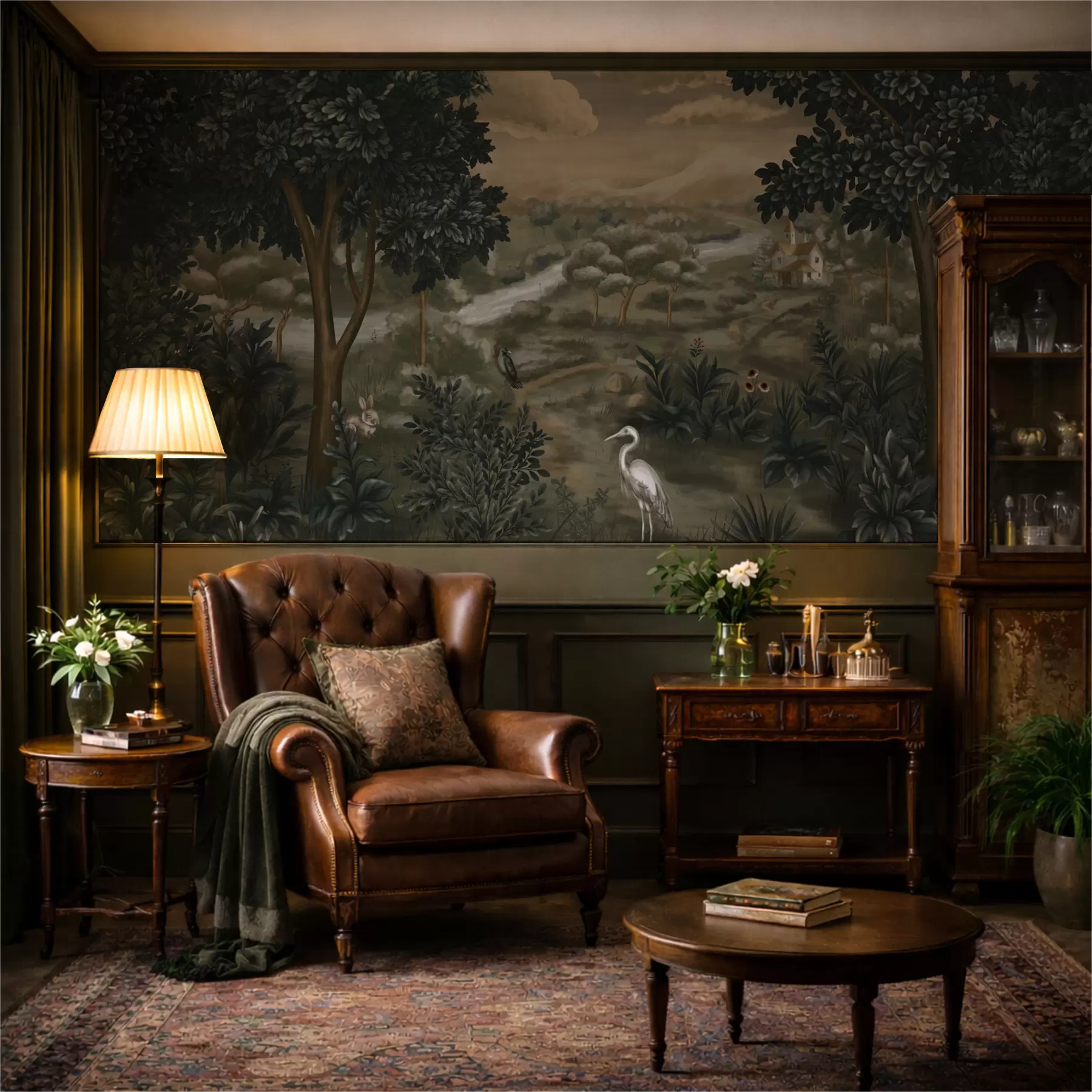 Fototapeta Fantazyjny krajobraz z rzeką, domem i ptakami wśród drzew w05090