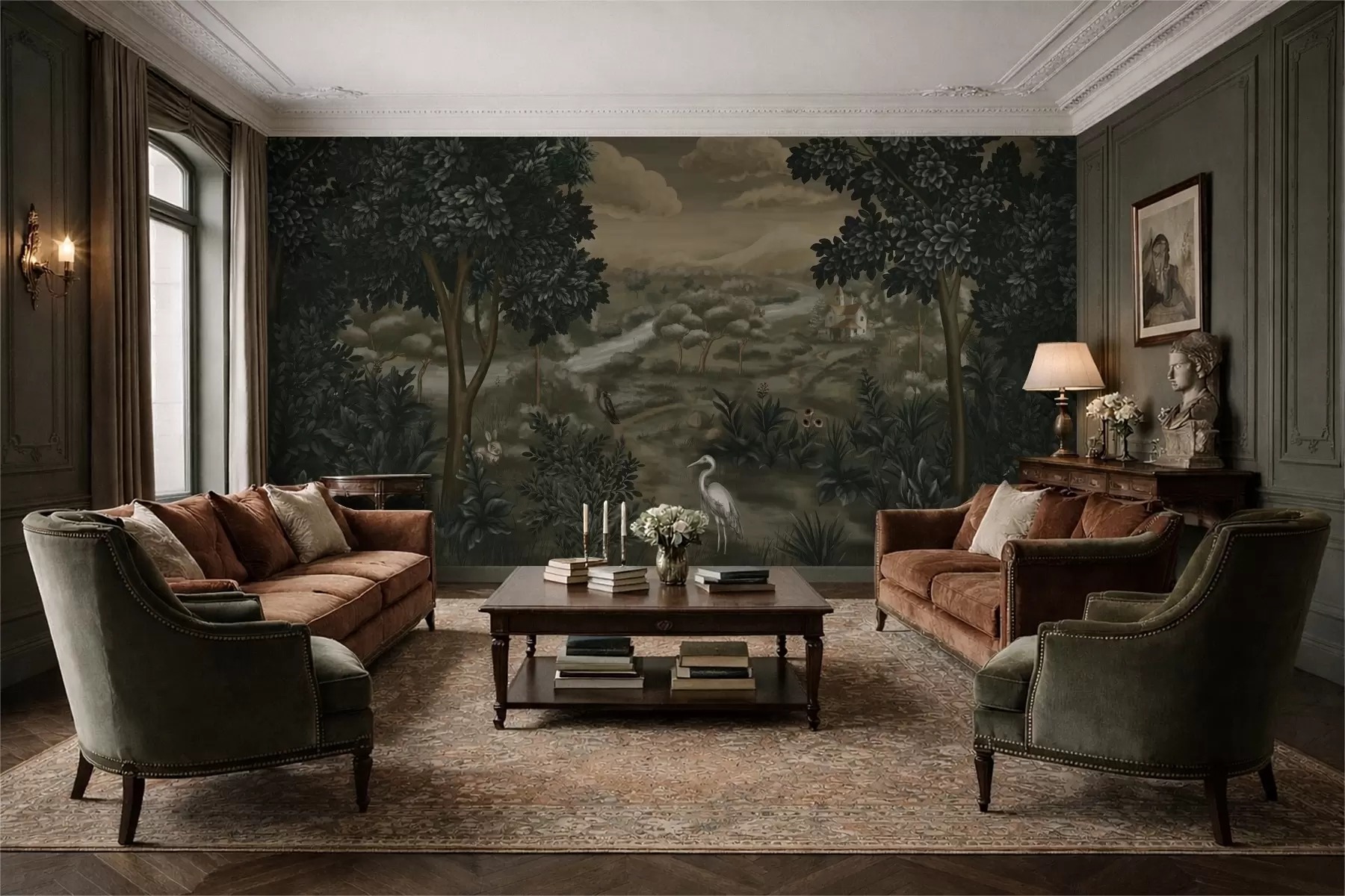 Fototapeta Fantazyjny krajobraz z rzeką, domem i ptakami wśród drzew w05090