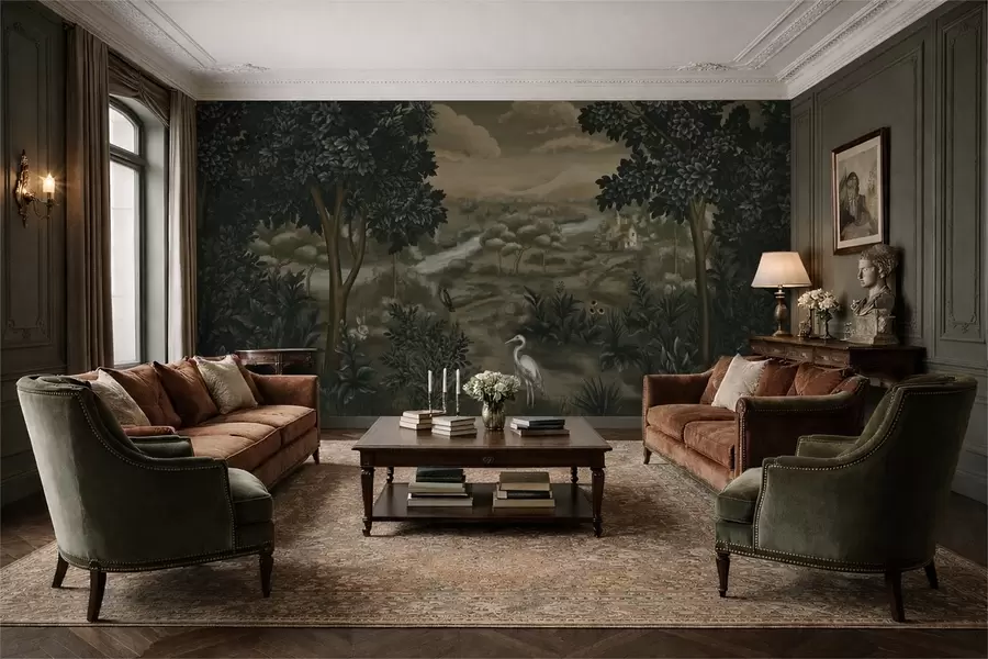 Fototapeta Fantazyjny krajobraz z rzeką, domem i ptakami wśród drzew w05090