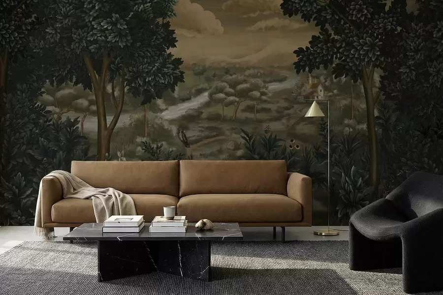 Fototapeta Fantazyjny krajobraz z rzeką, domem i ptakami wśród drzew w05090