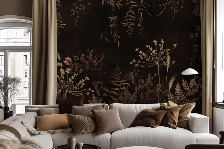 Fototapeta Ciemny wzór roślinny z kwiatami i trawami w05092v3