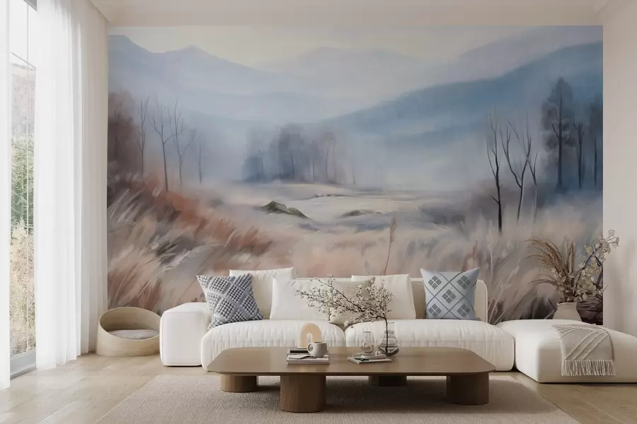 Fototapeta Teksturowany krajobraz z suchą trawą na pierwszym planie i drzewami w tle, z górami w oddali. w09542