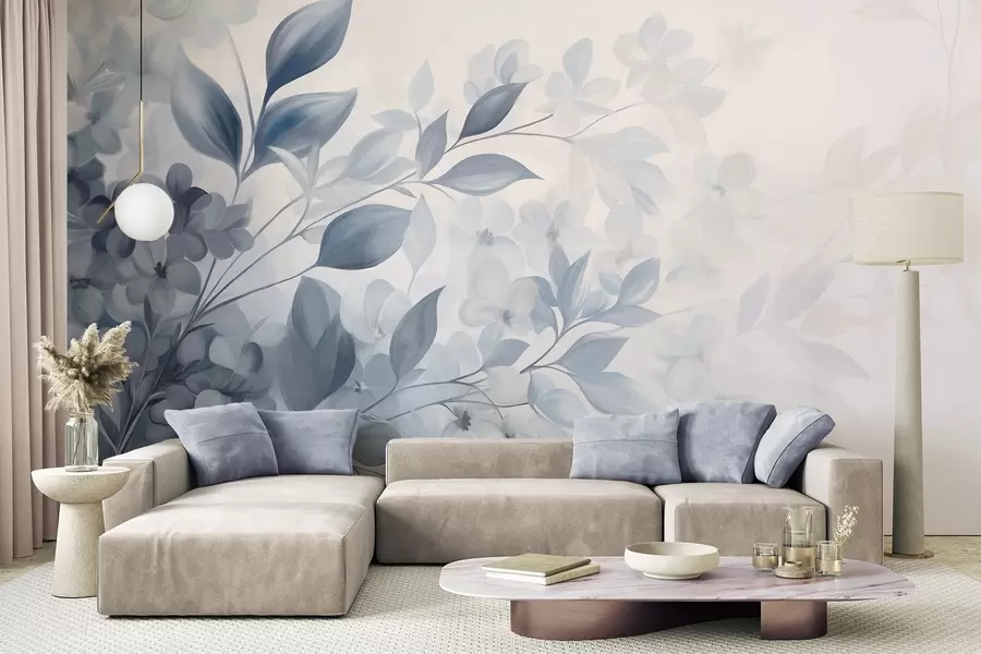 Fototapeta Teksturowana niebiesko-biała gałąź z kwiatami i liśćmi, przechodząca w jasne tło w stylu akwareli. w09543