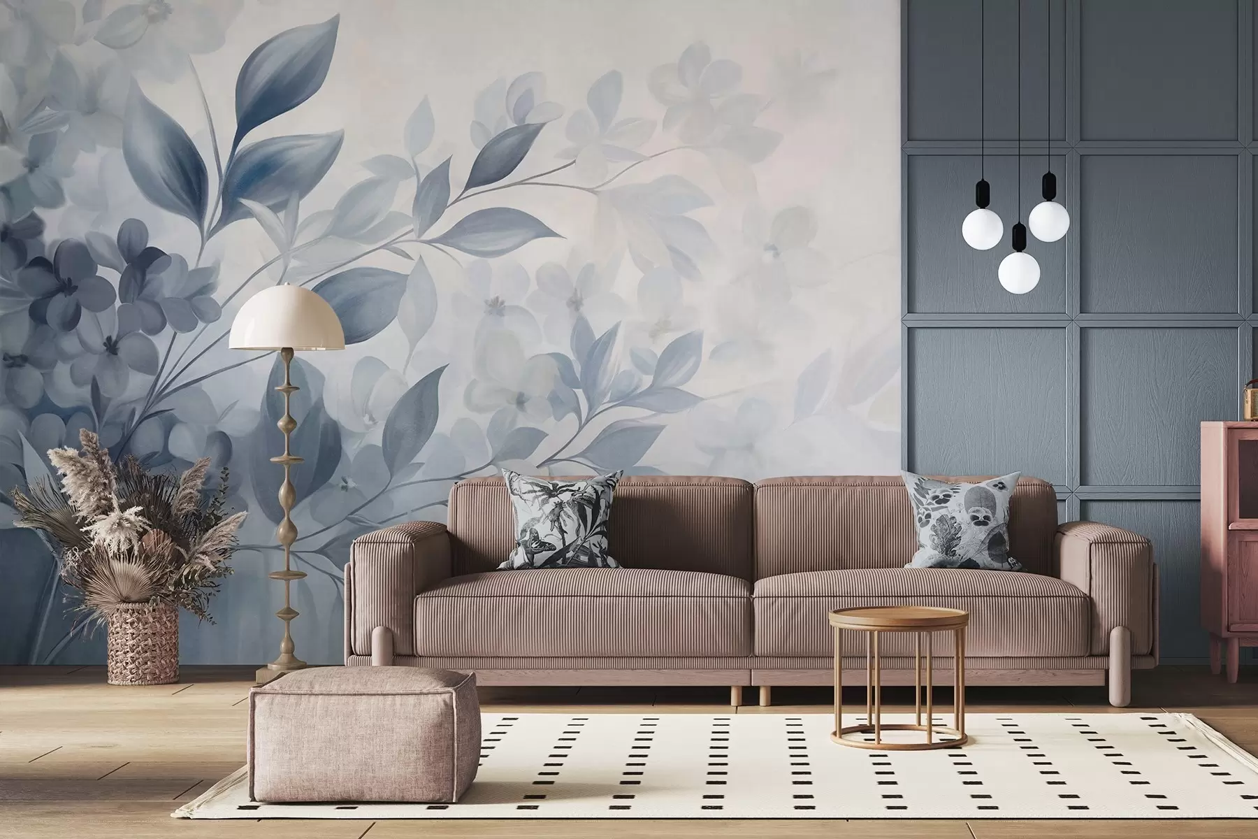 Fototapeta Teksturowana niebiesko-biała gałąź z kwiatami i liśćmi, przechodząca w jasne tło w stylu akwareli. w09543