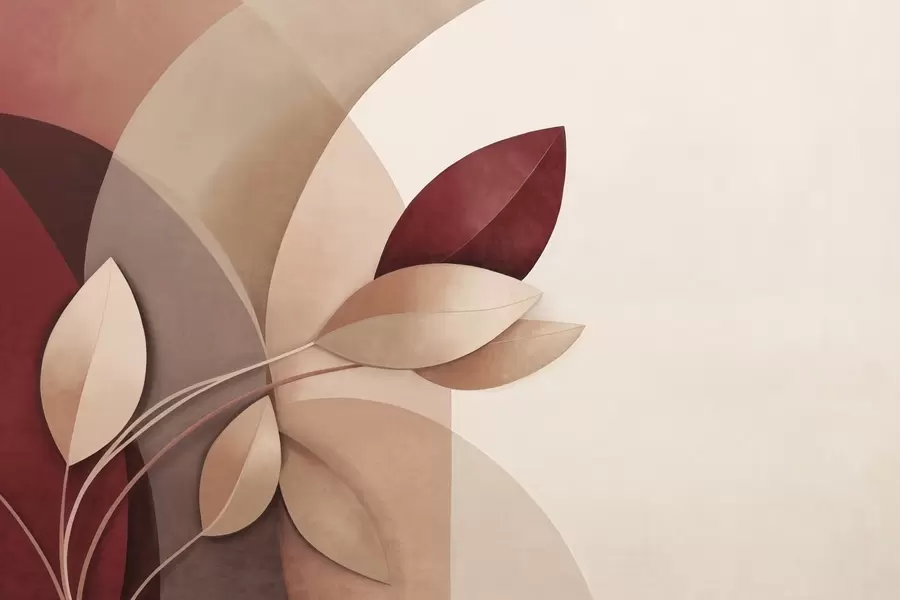 Fototapeta Abstrakcyjna gałąź o fakturze z liśćmi w odcieniach brązu, beżu i czerwieni na tle abstrakcyjnych kształtów. w09618