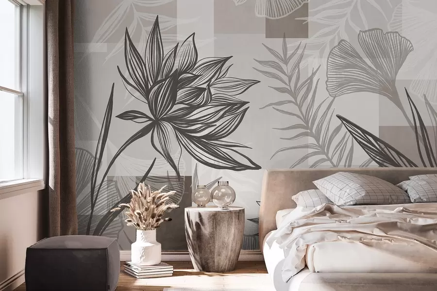 Fototapeta Stylizowane kwiaty i liście w odcieniach brązu i beżu, z geometrycznym tłem, grafika liniowa w09629