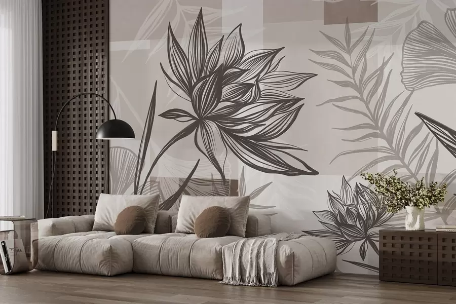 Fototapeta Stylizowane kwiaty i liście w odcieniach brązu i beżu, z geometrycznym tłem, grafika liniowa w09629