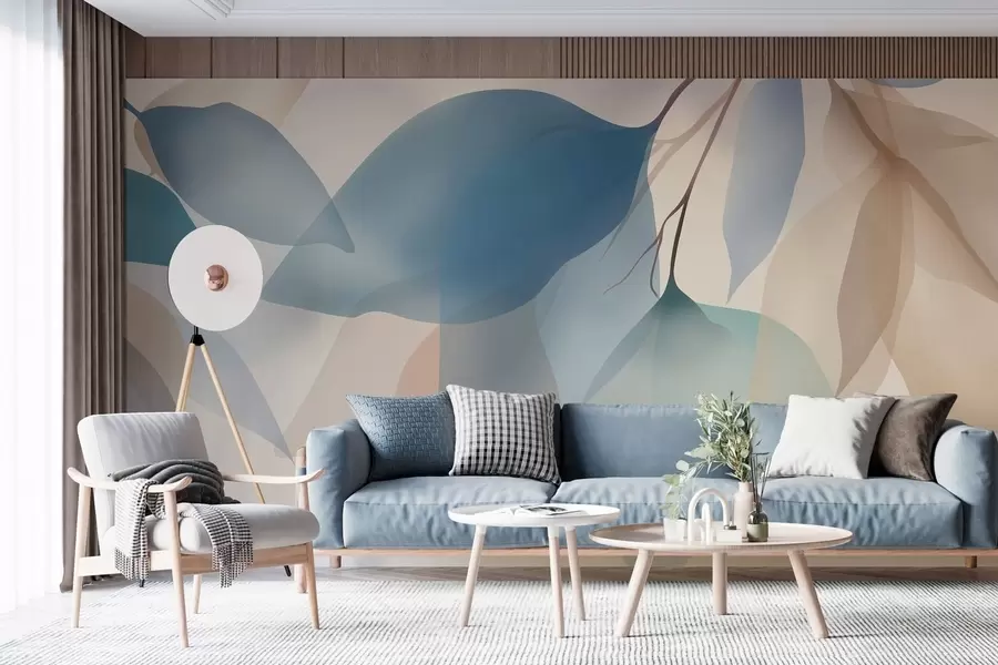 Fototapeta eleganckie, półprzezroczyste liście w odcieniach niebieskiego i beżu w05060