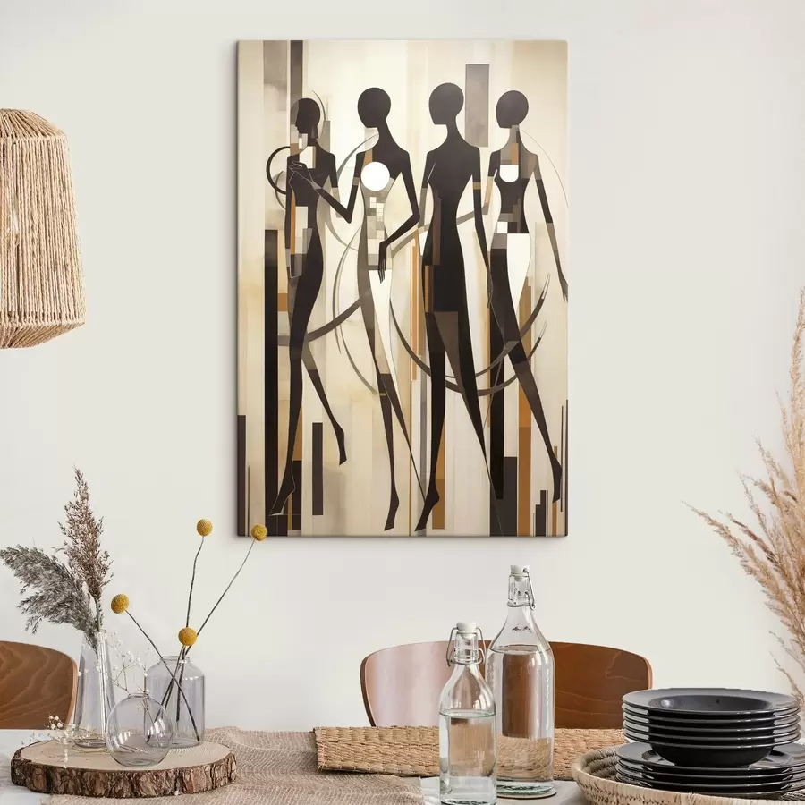 Obraz Stylizowane postacie kobiece z elementami geometrycznymi na abstrakcyjnym tle pionowych linii s47423