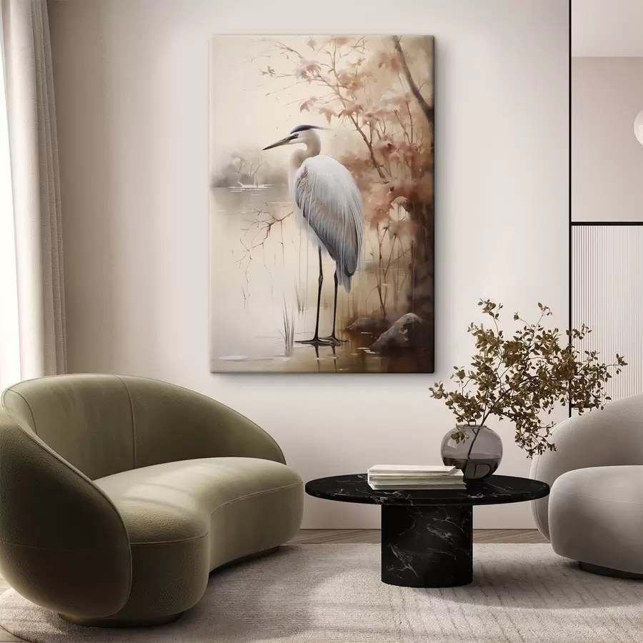 Obraz Czapla stoi na skale w jeziorze, a w tle widać wysokie trawy i drzewa. s47427