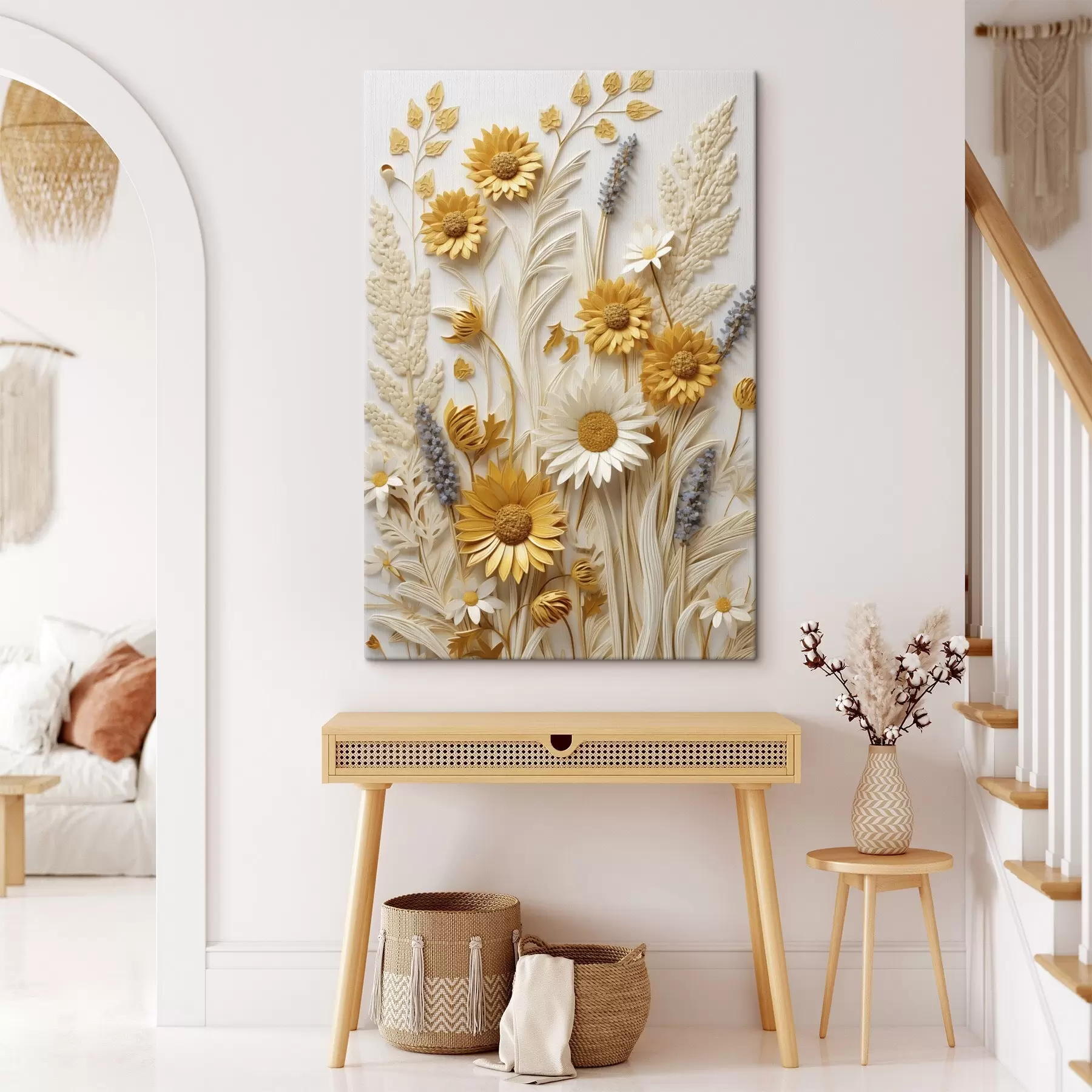 Obraz Teksturowana kolekcja żółtych i białych stokrotek z suszonymi trawami i gałązkami lawendy na białym tle. s47430