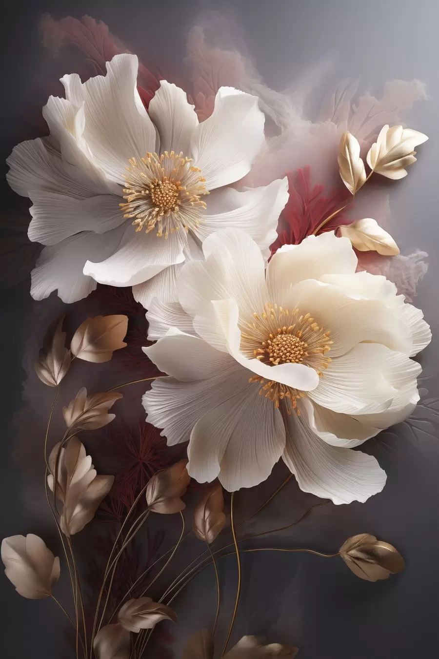 Obraz Delikatne piwonie o cienkich, delikatnych płatkach, otoczone ciemnoczerwonymi i żółtymi liśćmi na abstrakcyjnym tle. s47435