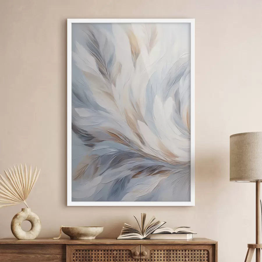 Fototapeta Abstrakcyjny obraz przedstawiający pióra w odcieniach bieli, błękitu i brązu, o miękkiej, płynnej fakturze i jasnym tle. f47417