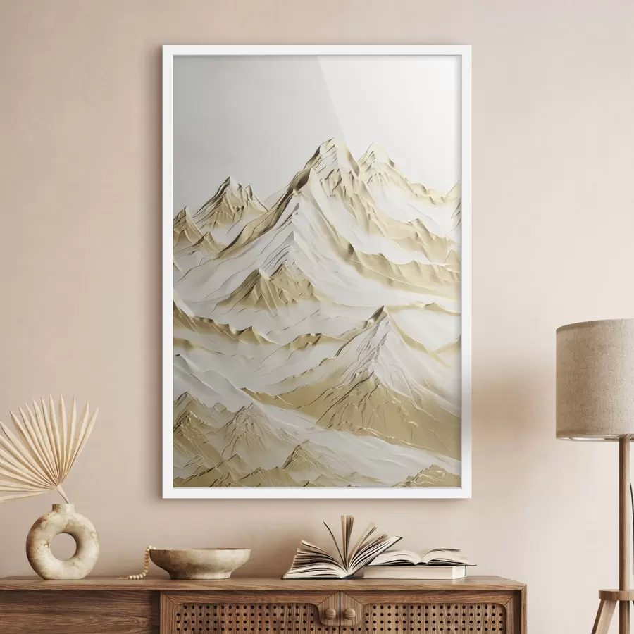 Fototapeta Krajobraz żółtych, pokrytych śniegiem gór o ostrych szczytach i głębokich dolinach pod jasnym niebem. f47420