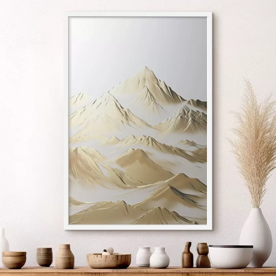 Fototapeta Krajobraz żółtych, pokrytych śniegiem gór o ostrych szczytach i głębokich dolinach pod jasnym niebem. f47421