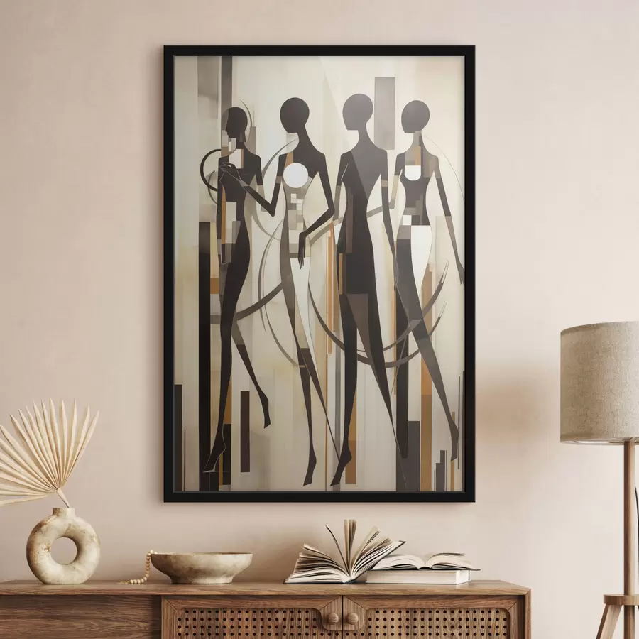 Fototapeta Stylizowane postacie kobiece z elementami geometrycznymi na abstrakcyjnym tle pionowych linii f47423