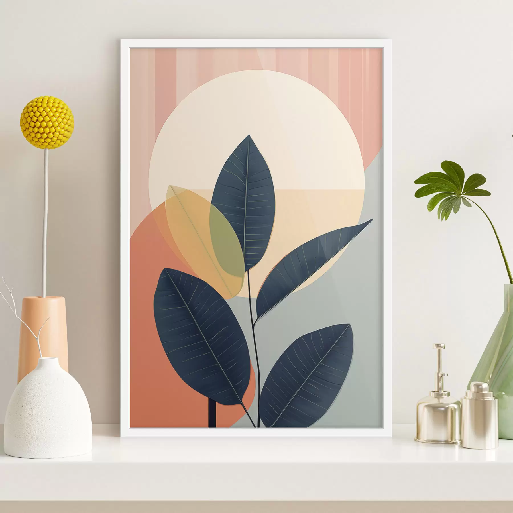 Fototapeta Ciemne liście na tle abstrakcyjnych kształtów w kolorze brzoskwiniowym i szarym z dużym, jasnożółtym okręgiem f47424