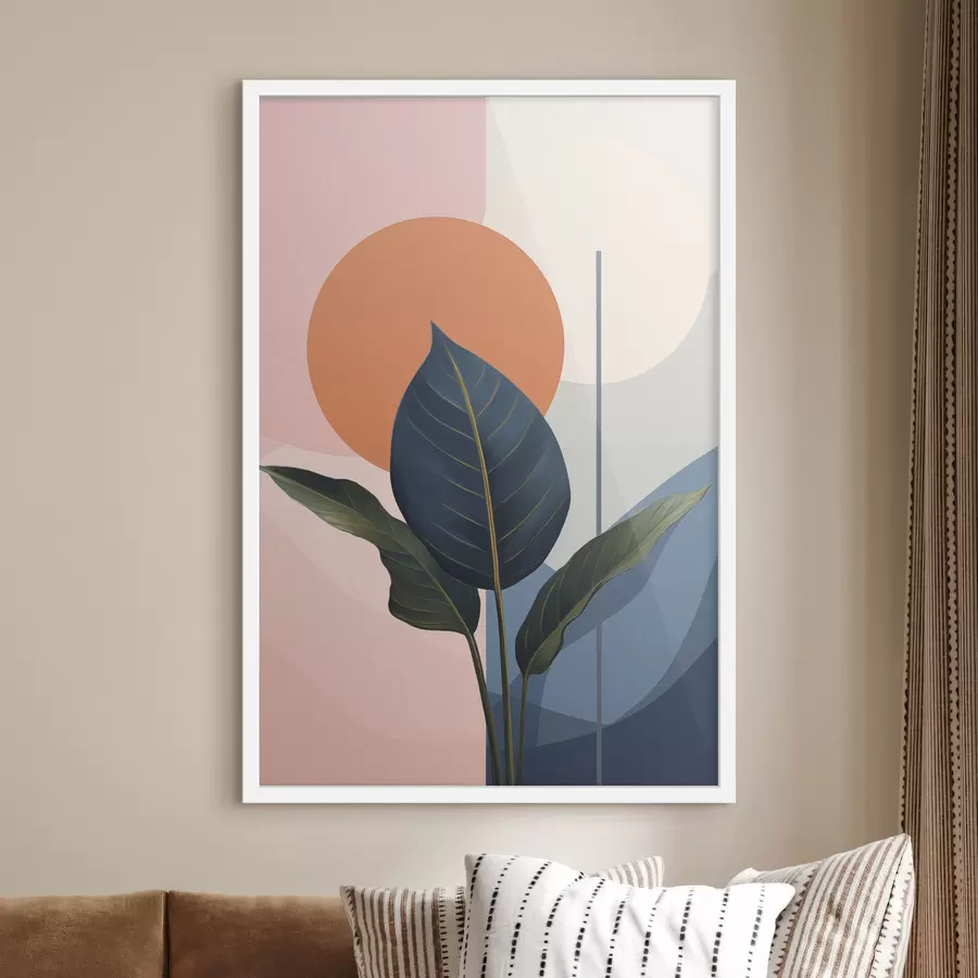 Fototapeta Ciemne liście na tle abstrakcyjnych kształtów w kolorze brzoskwiniowym i szarym z pomarańczowym okręgiem f47425