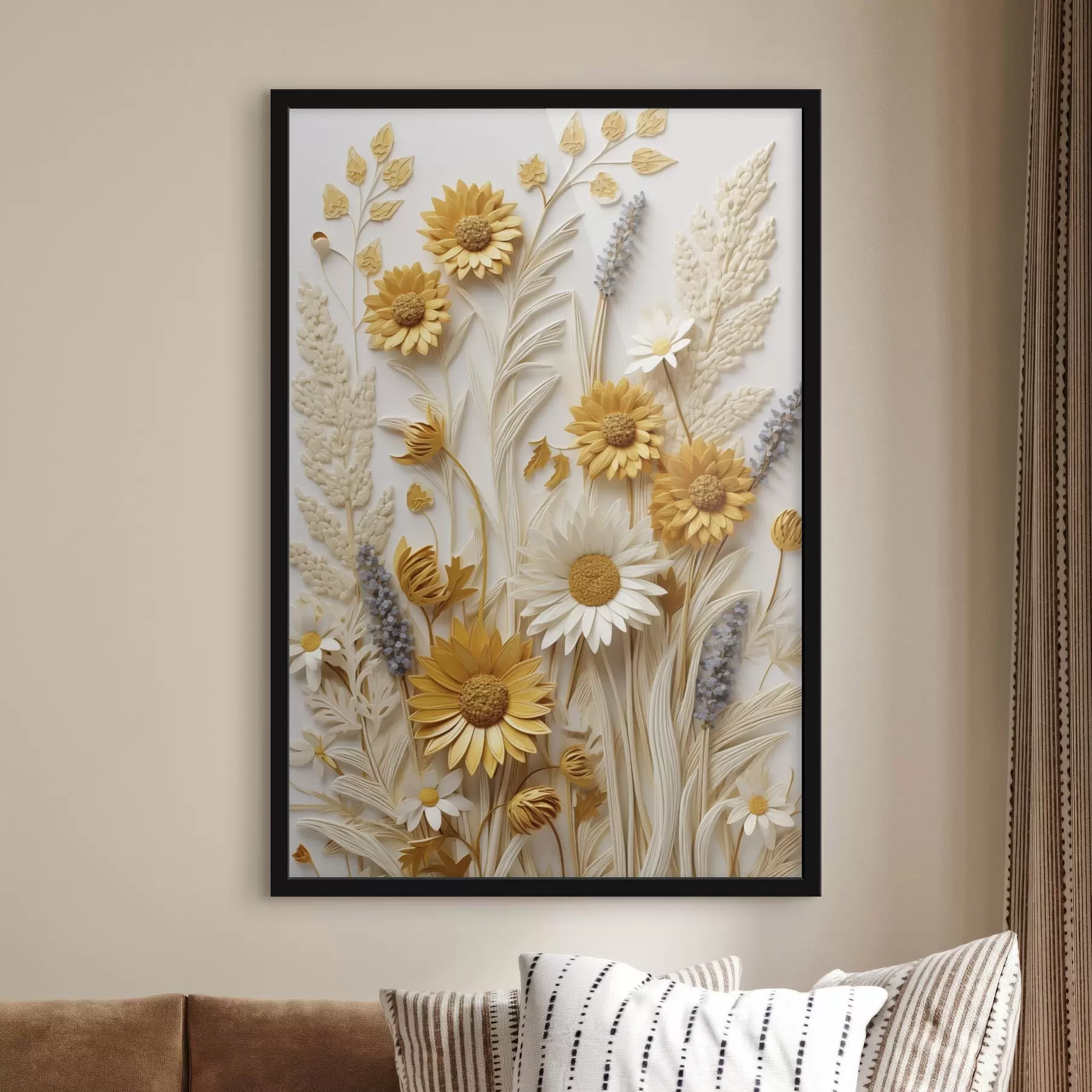 Fototapeta Teksturowana kolekcja żółtych i białych stokrotek z suszonymi trawami i gałązkami lawendy na białym tle. f47430