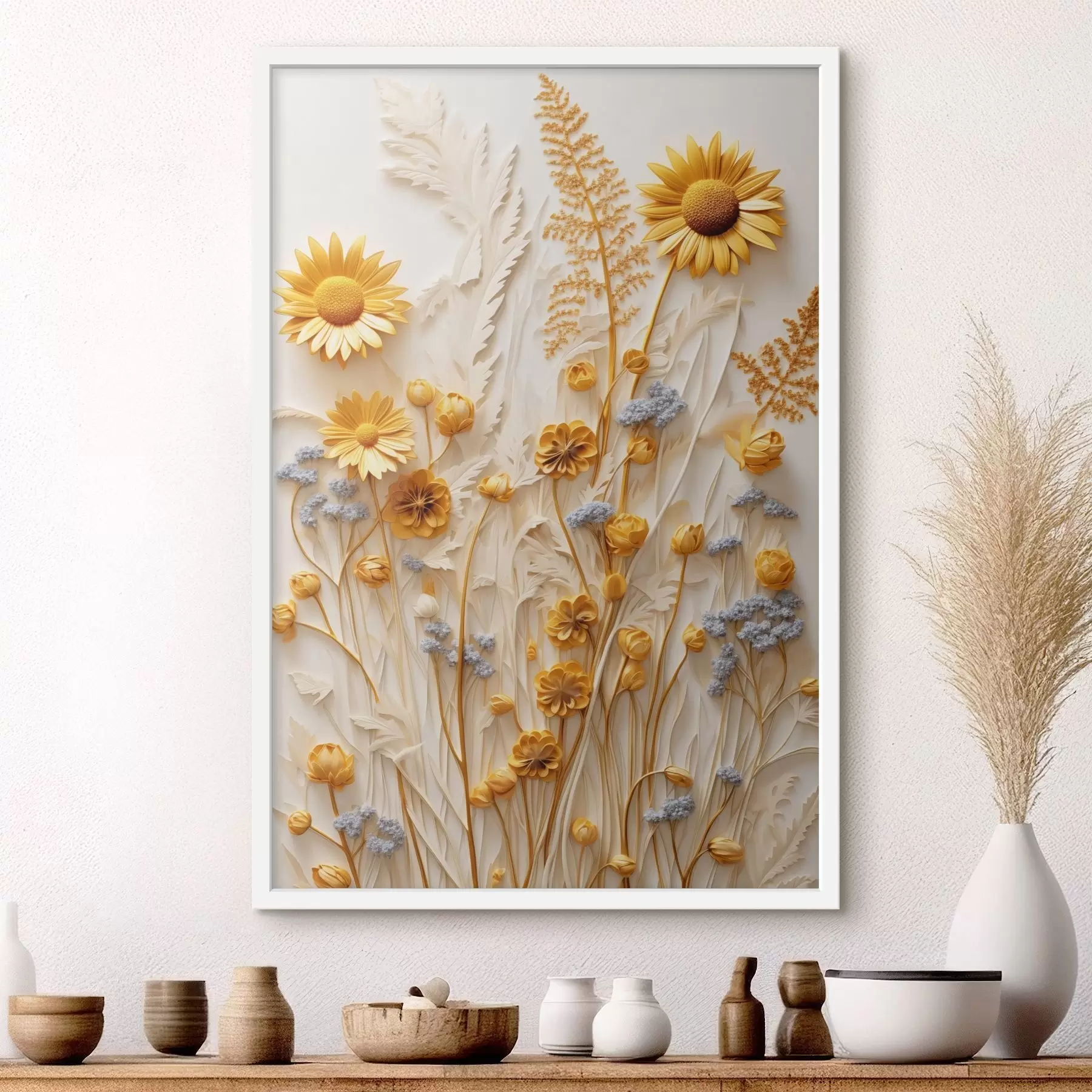 Fototapeta Teksturowana kolekcja żółtych i białych stokrotek z suszonymi trawami i gałązkami lawendy na białym tle. f47431