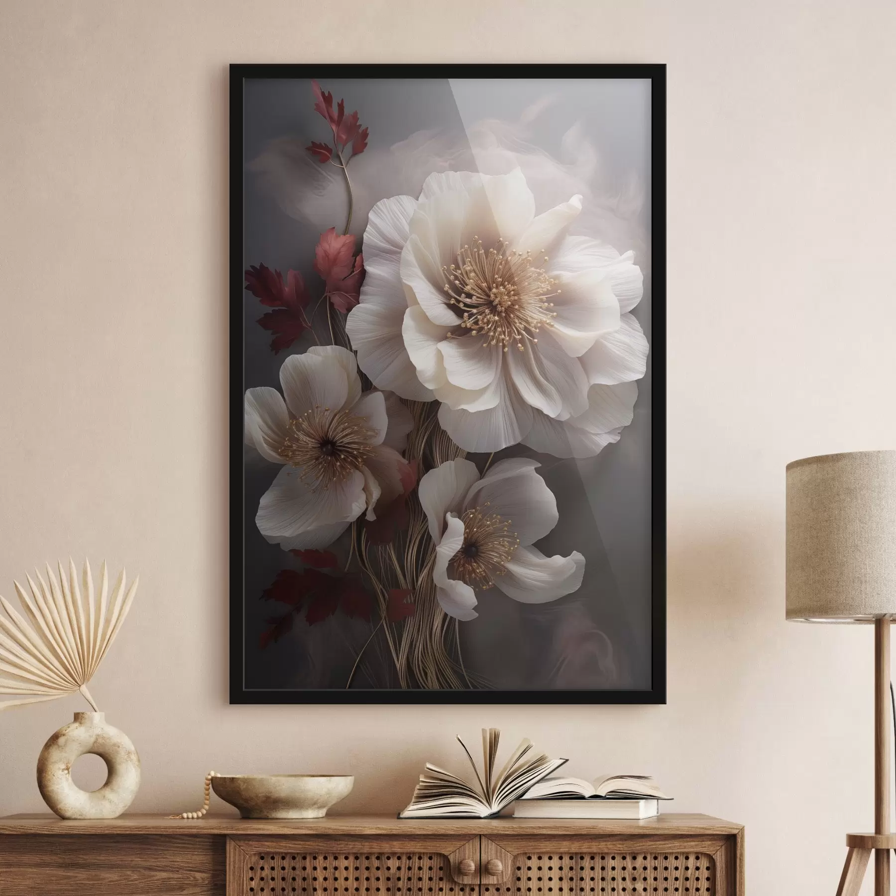 Fototapeta Delikatne piwonie o cienkich, delikatnych płatkach, otoczone ciemnoczerwonymi liśćmi na abstrakcyjnym tle. f47434