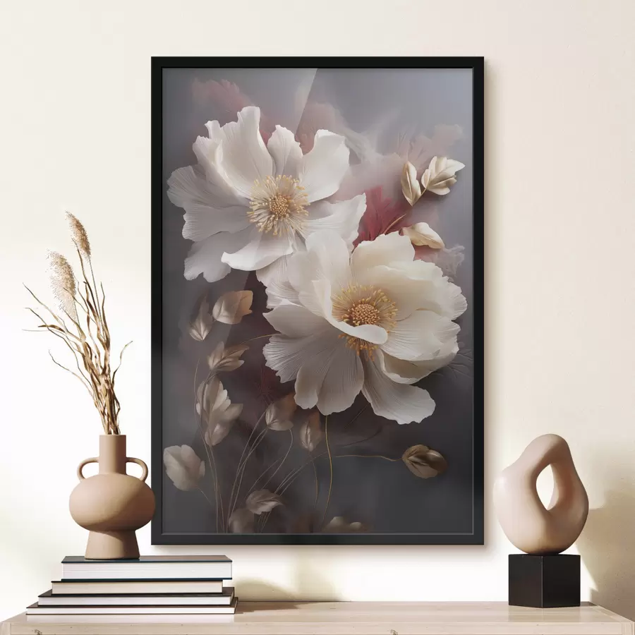 Fototapeta Delikatne piwonie o cienkich, delikatnych płatkach, otoczone ciemnoczerwonymi i żółtymi liśćmi na abstrakcyjnym tle. f47435