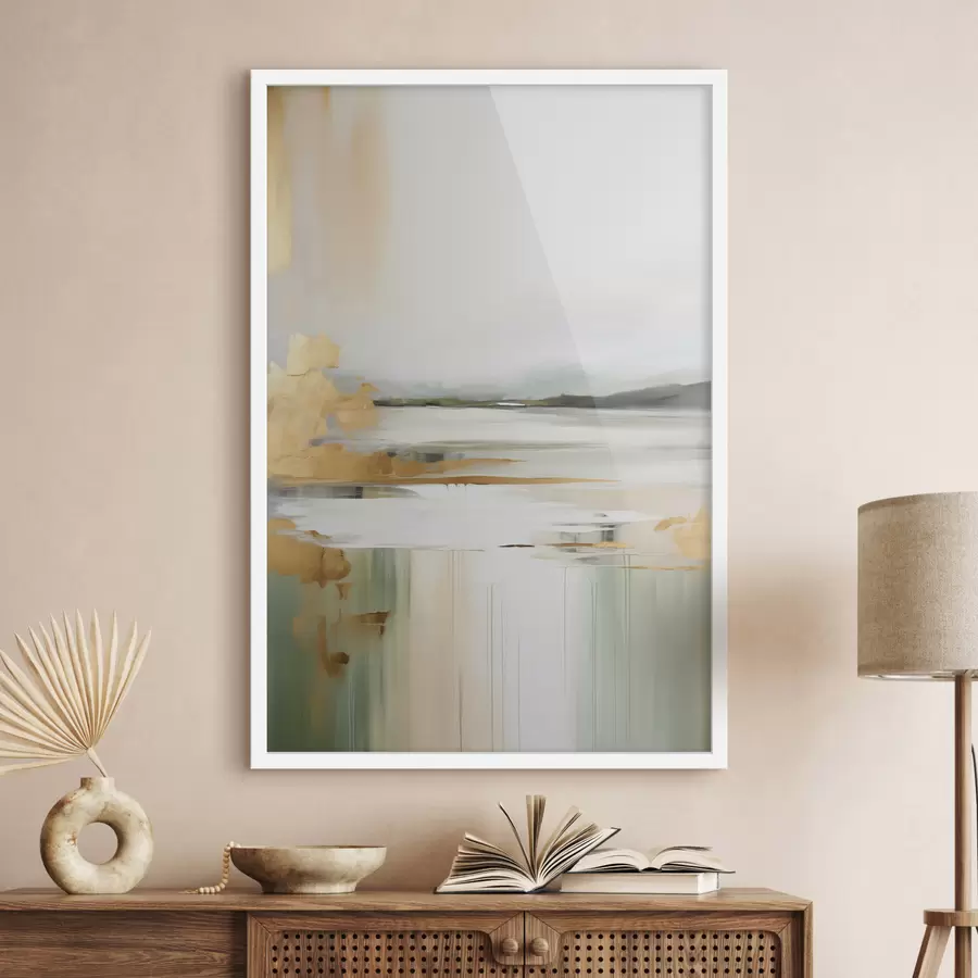 Fototapeta Abstrakcyjny krajobraz w odcieniach żółci i zieleni, woda odbijająca niebo i odległe góry, blade, zamglone niebo. f47438