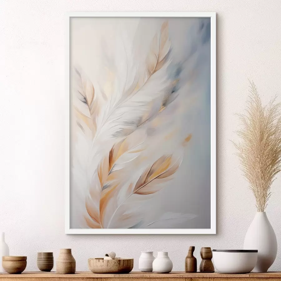 Fototapeta Duże, miękkie pióra w odcieniach bieli, żółci i brązu na jasnym, abstrakcyjnym tle. f47443