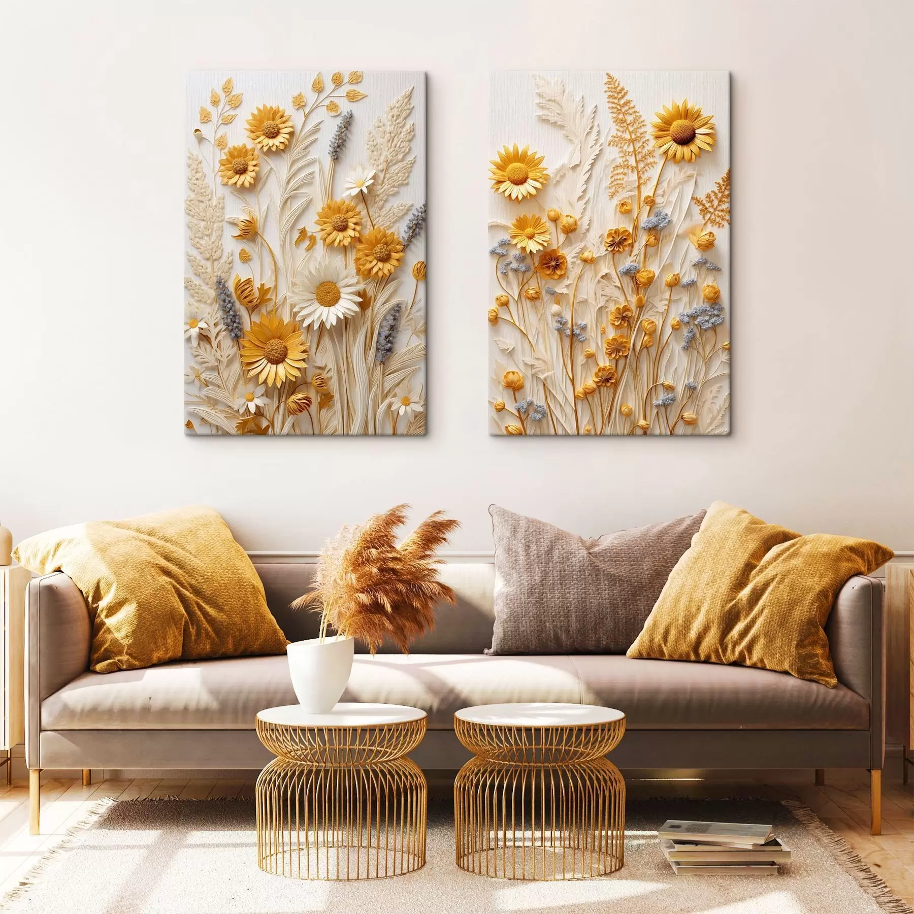 Obraz Teksturowana kolekcja żółtych i białych stokrotek z suszonymi trawami i gałązkami lawendy na białym tle. m01241