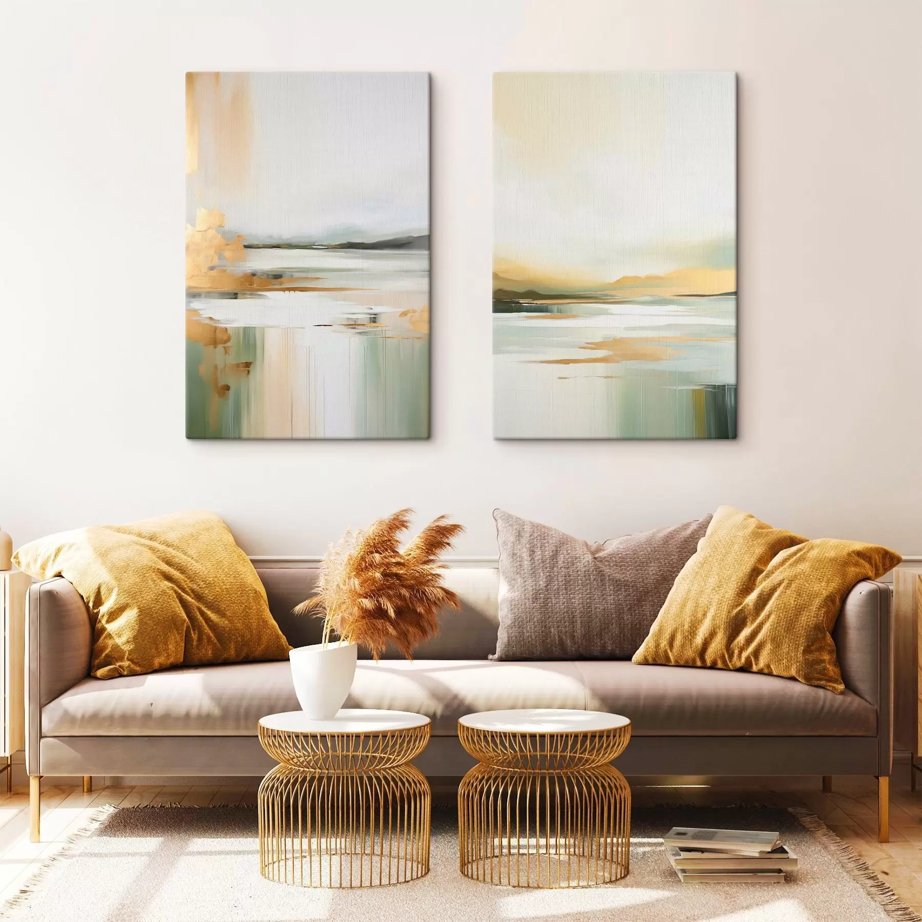 Obraz Abstrakcyjny krajobraz w odcieniach żółci i zieleni, woda odbijająca niebo i odległe góry, blade, zamglone niebo. m01245