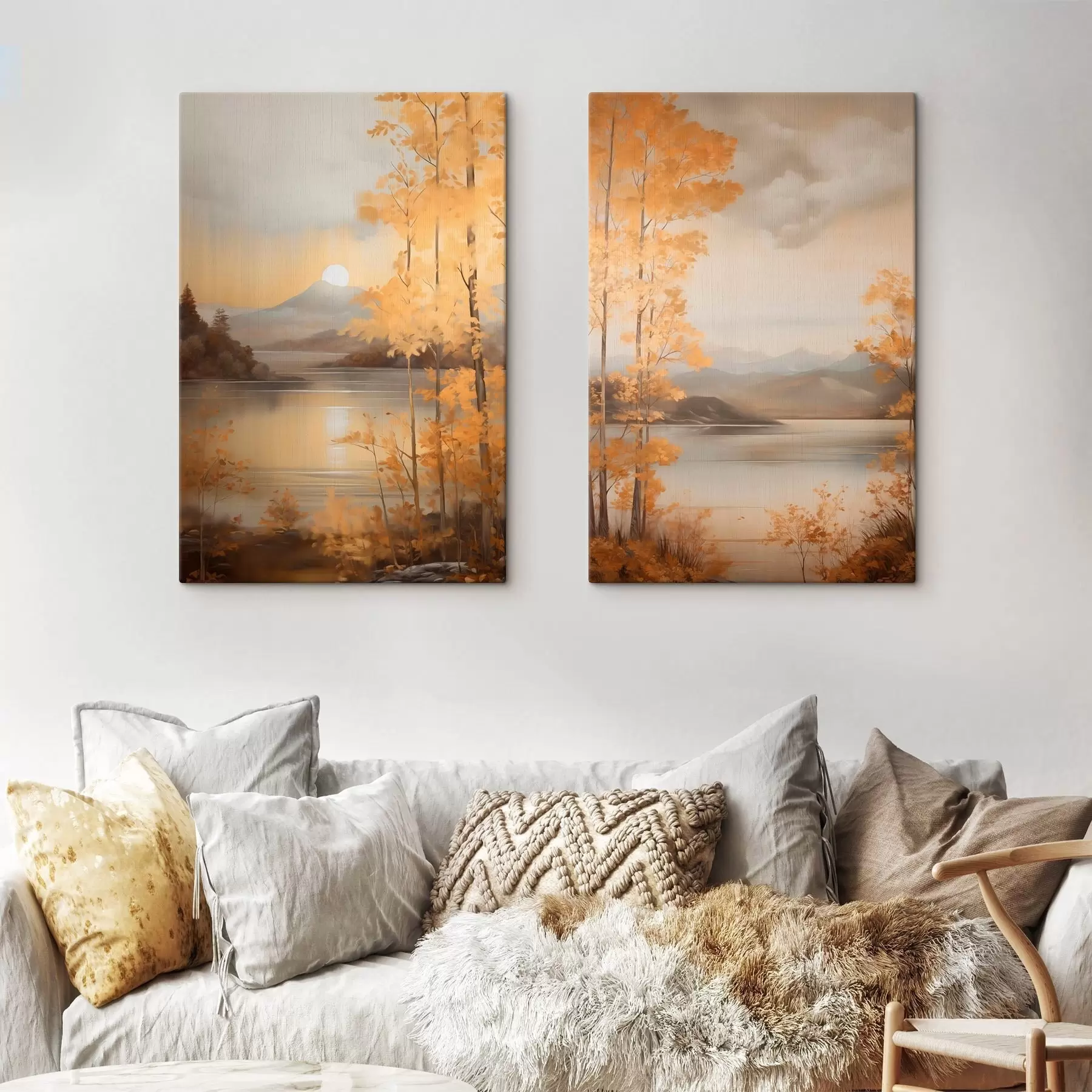 Obraz Jesienne drzewa o pomarańczowych liściach otaczają spokojne jezioro z odległymi górami pod zachmurzonym niebem. m01246