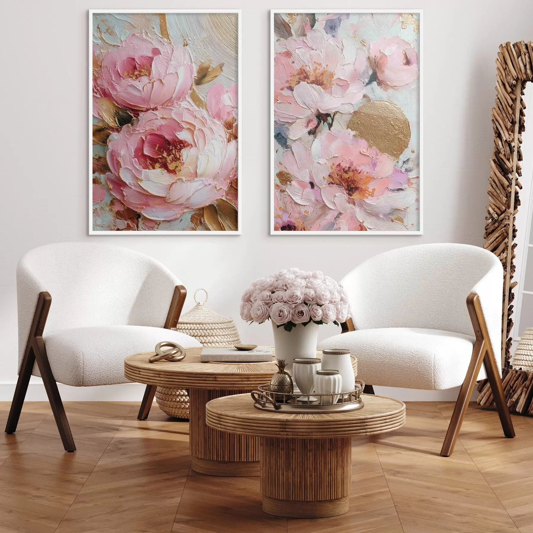 Fototapeta Wolumetryczny obraz impastowy z różowymi piwoniami i teksturowanymi detalami d00573