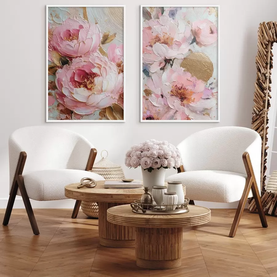 Fototapeta Wolumetryczny obraz impastowy z różowymi piwoniami i teksturowanymi detalami d00573