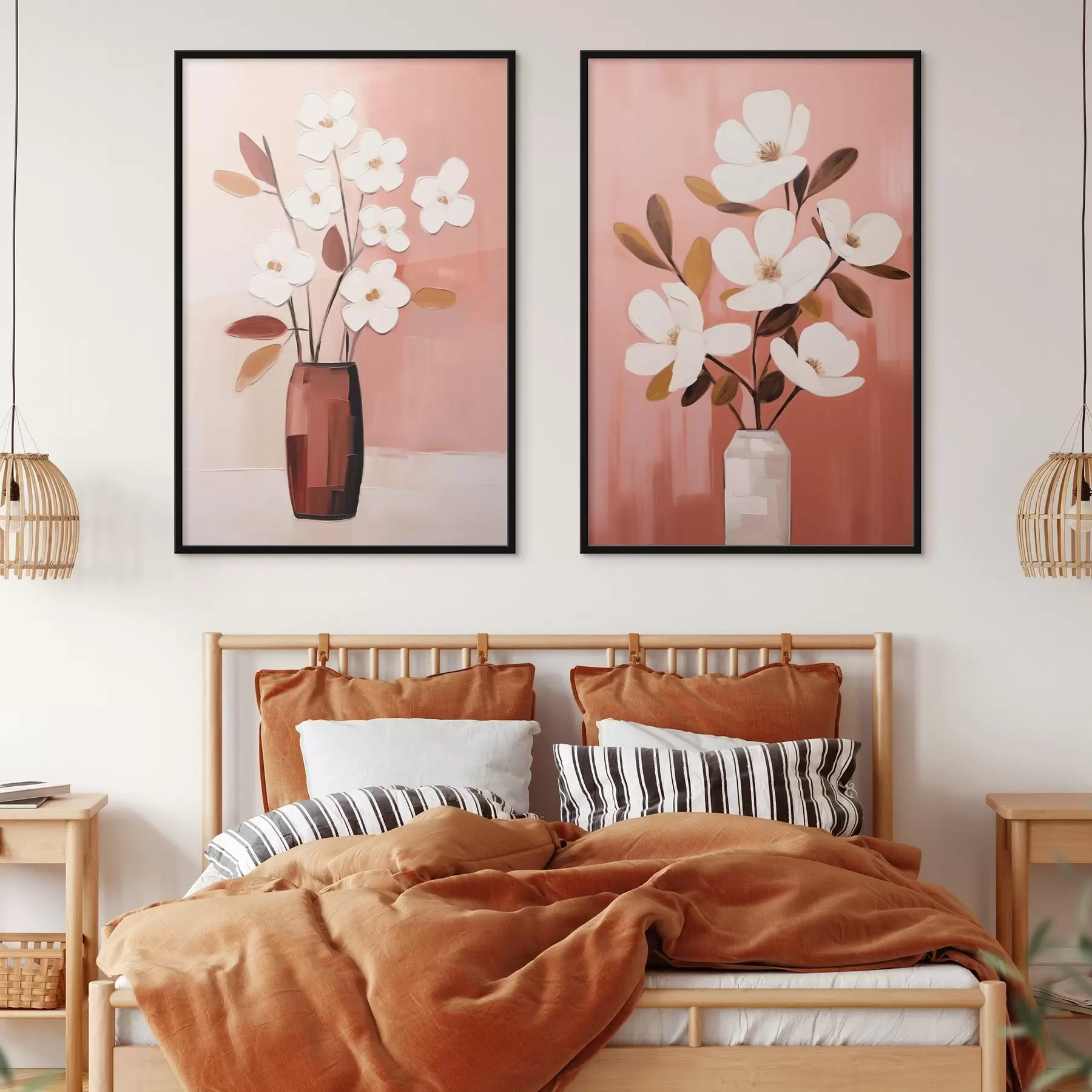 Fototapeta Kompozycja z kontrastującymi wazonami i teksturowanymi białymi kwiatami d00575