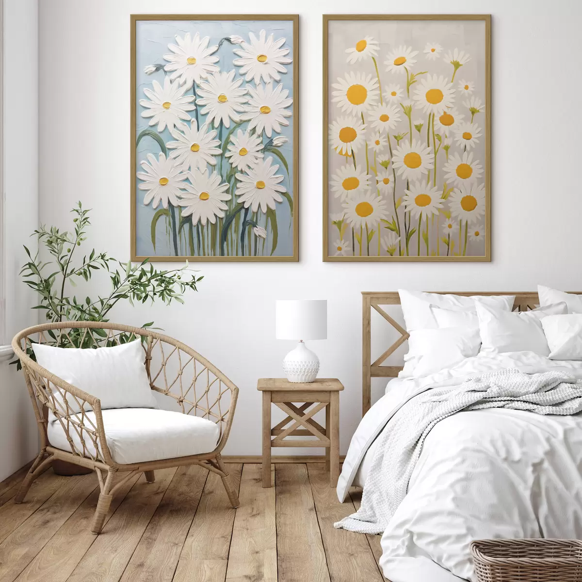 Plakat Wiosenna świeżość: dyptyk z obszernymi stokrotkami w stylu impasto d00633