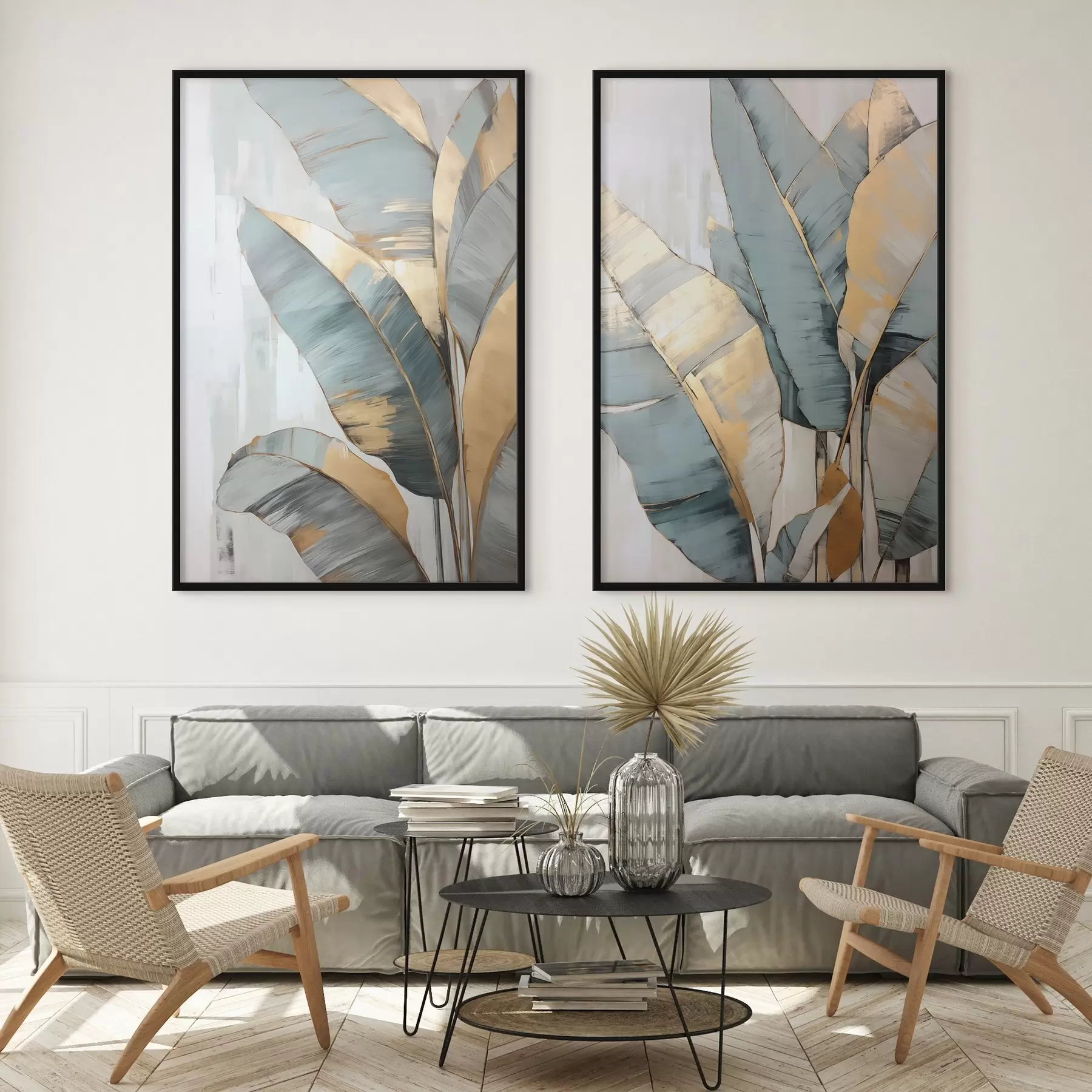 Fototapeta Zestaw stonowanych niebieskich, szarych i żółtych liści bananowca z widocznymi pociągnięciami pędzla na białym abstrakcyjnym tle d00645