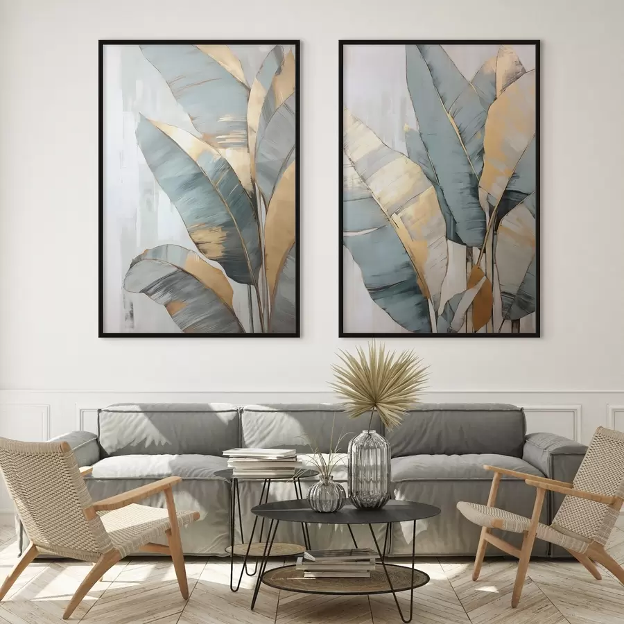 Fototapeta Zestaw stonowanych niebieskich, szarych i żółtych liści bananowca z widocznymi pociągnięciami pędzla na białym abstrakcyjnym tle d00645