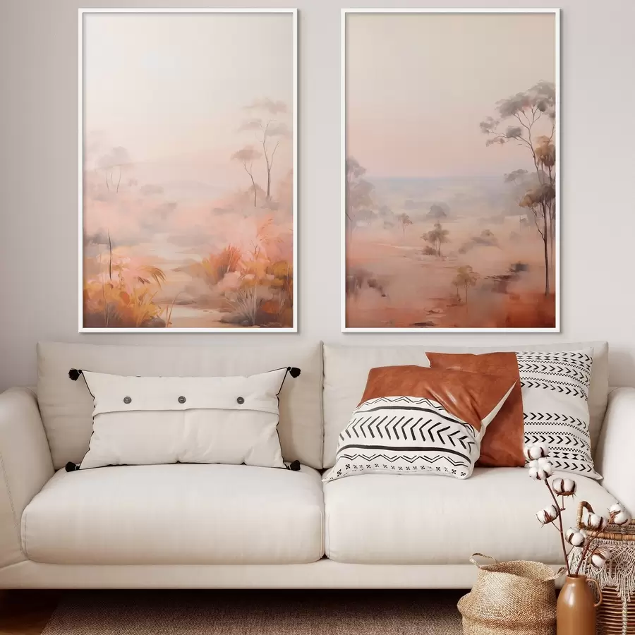 Fototapeta Krajobraz z krzewami i drzewami w odcieniach różu, pomarańczy i brązu, z górami w tle d00646