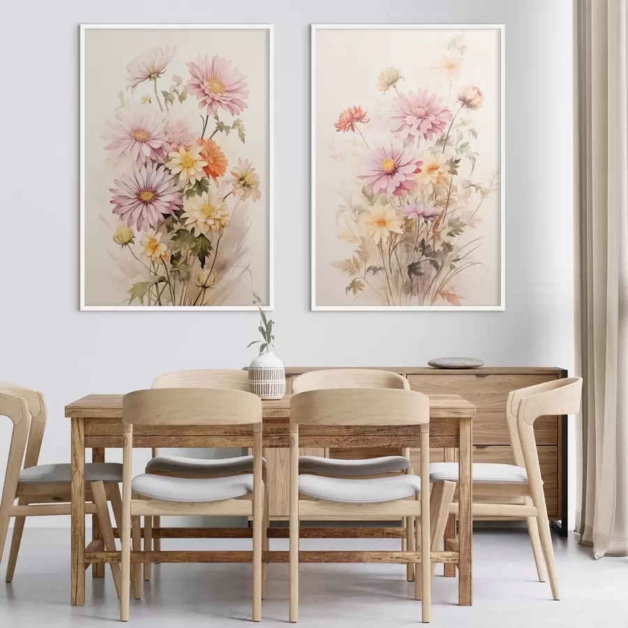 Fototapeta Bukiet kolorowych kwiatów, miękki styl akwareli, na jasnym tle, ilustracja botaniczna d00649