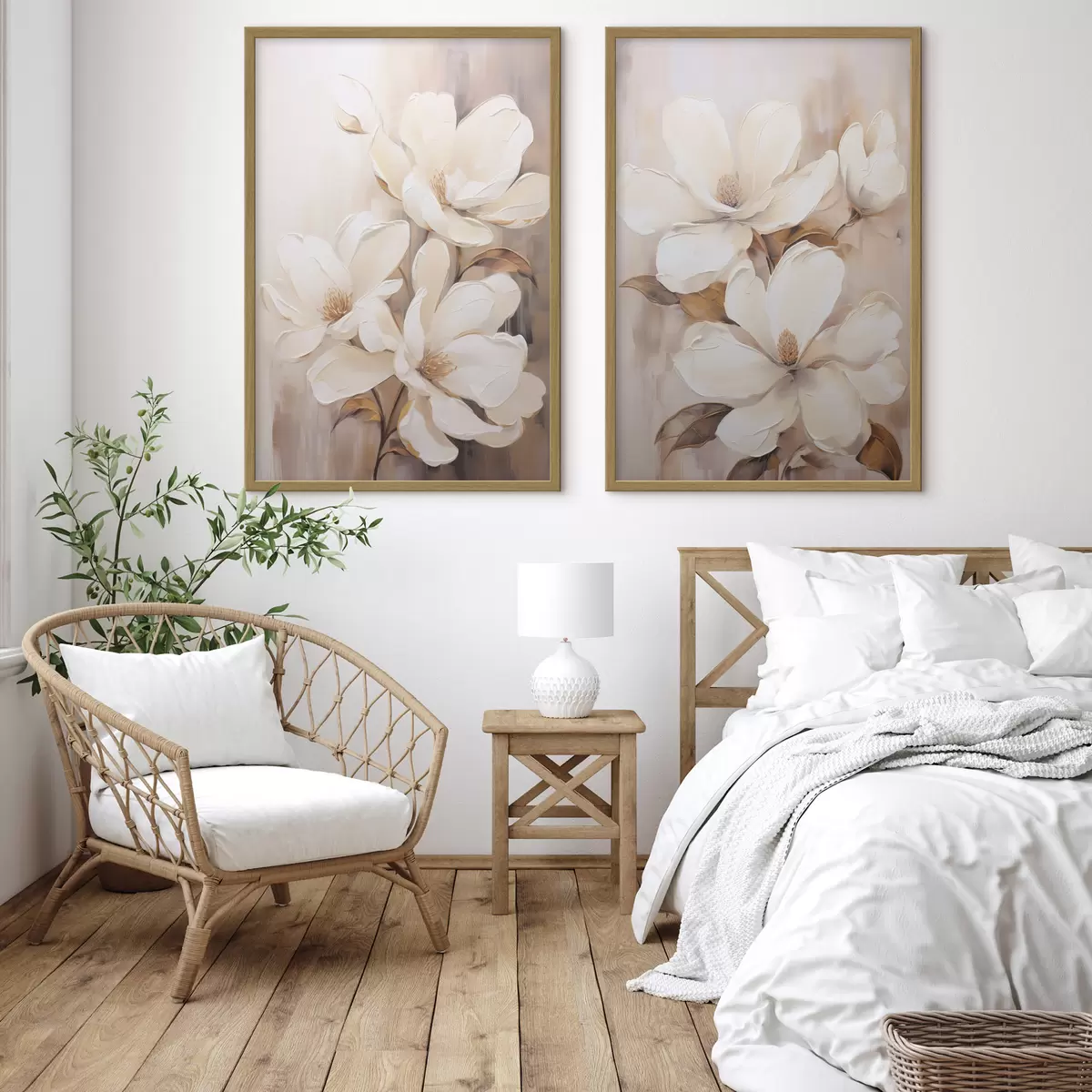 Plakat Białe kwiaty magnolii na miękkim, rozmytym tle w odcieniach beżu i brązu, styl malarski d00655