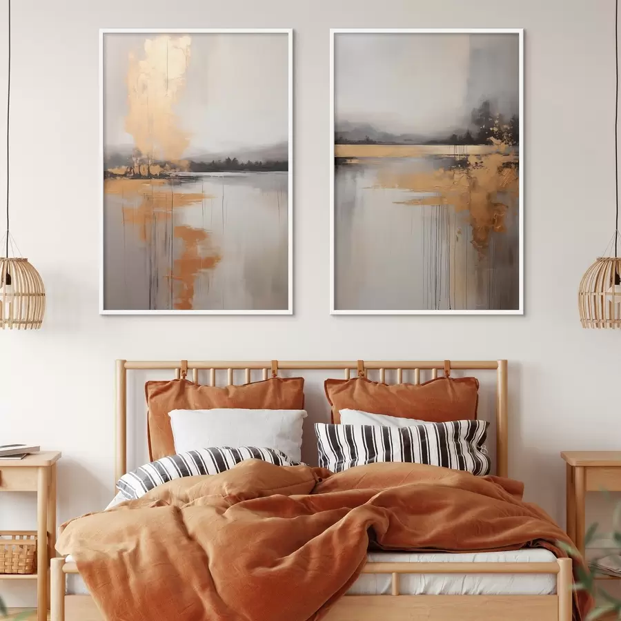 Fototapeta Abstrakcyjny krajobraz z jeziorem, drzewem i żółtą mgłą, woda odbija się i zachmurzone niebo d00657