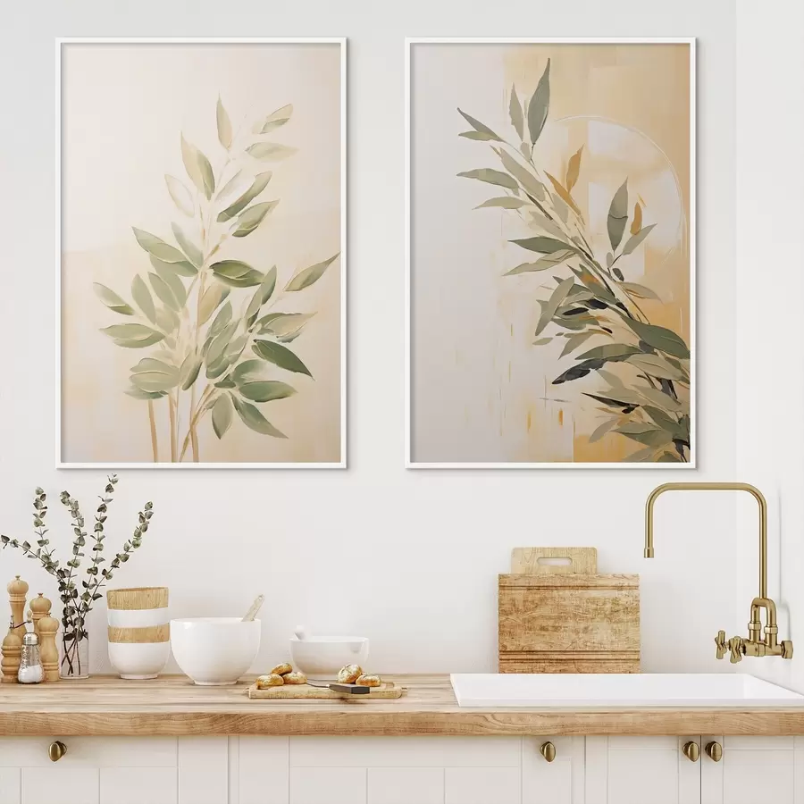 Fototapeta Botaniczna gałąź z zielonymi liśćmi na ciepłym tle d00686