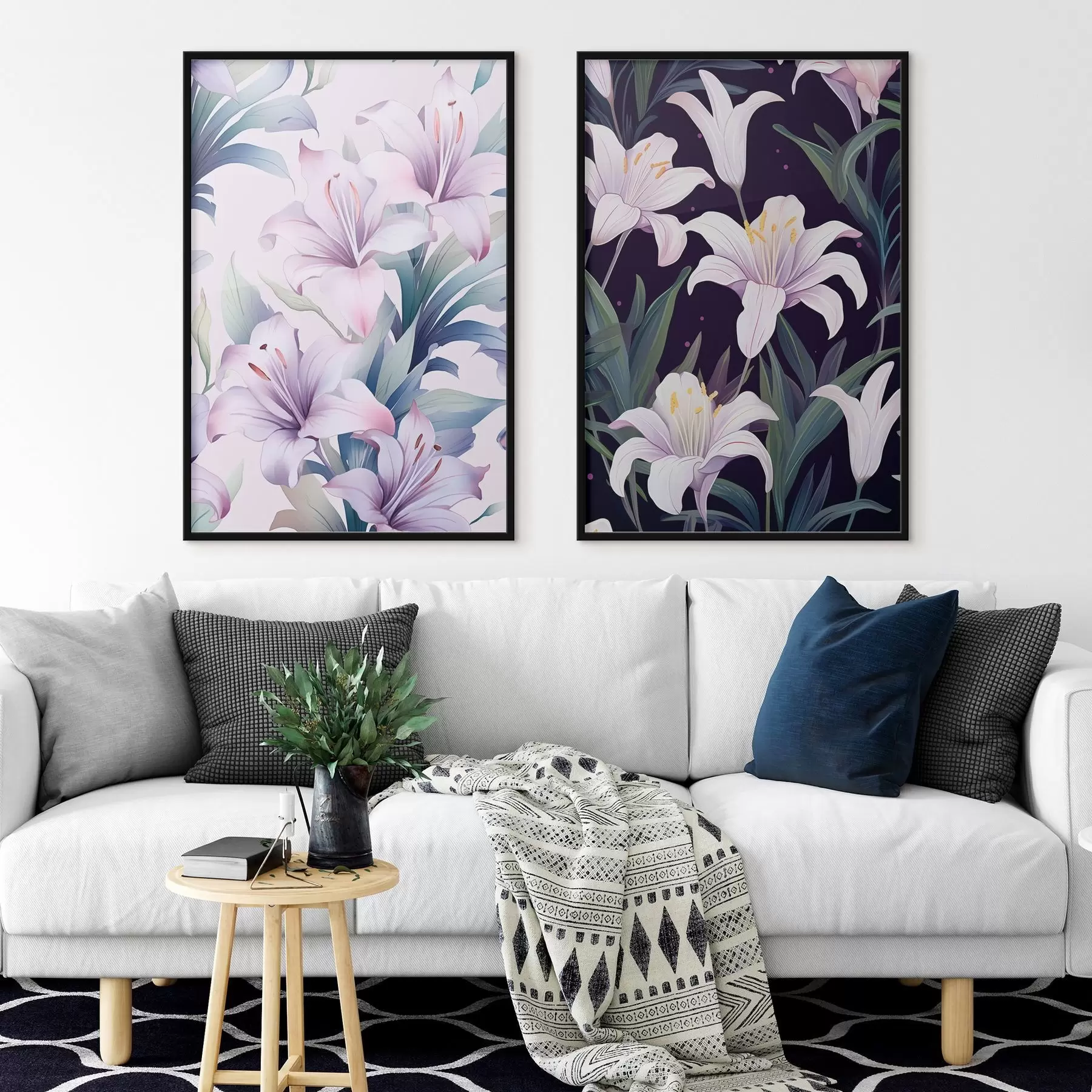 Fototapeta Delikatne różowe lilie z zielonymi liśćmi na jasnym i ciemnym tle d00689