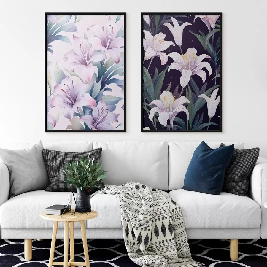 Fototapeta Delikatne różowe lilie z zielonymi liśćmi na jasnym i ciemnym tle d00689