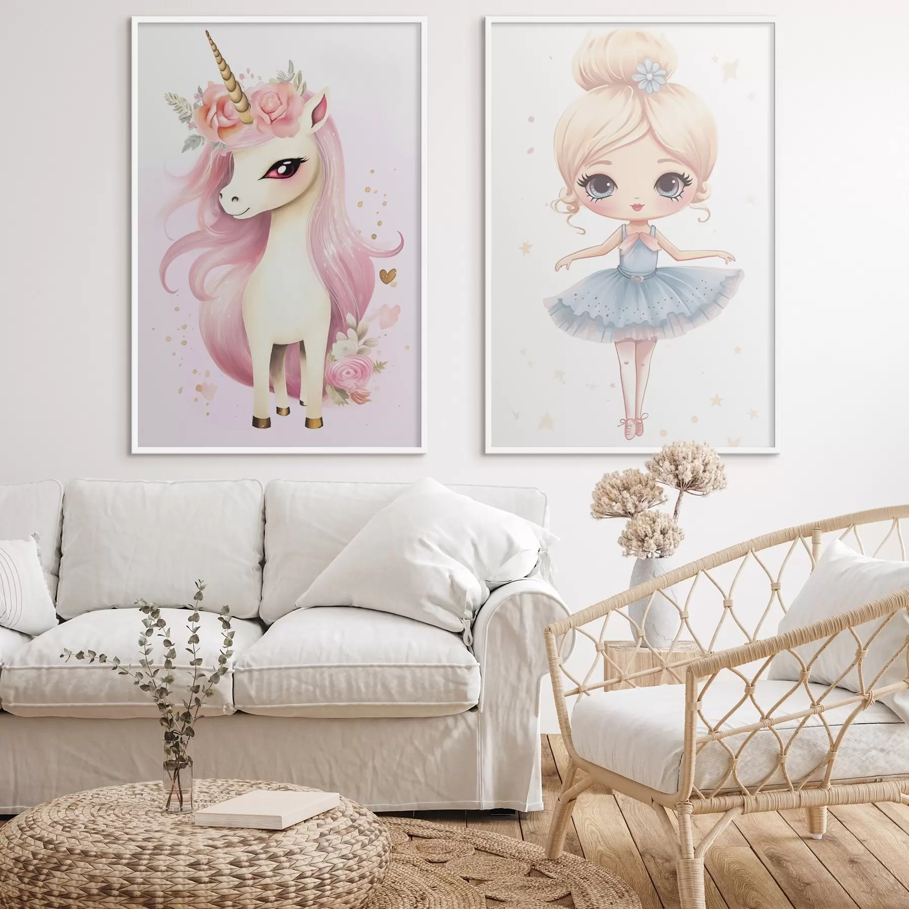 Fototapeta Lalka baletnica w niebieskiej sukience i jednorożec z różową grzywą d00692