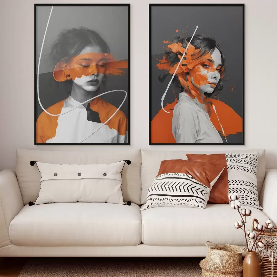 Fototapeta Portrety dziewcząt z abstrakcyjnymi pomarańczowymi pociągnięciami pędzla d00693