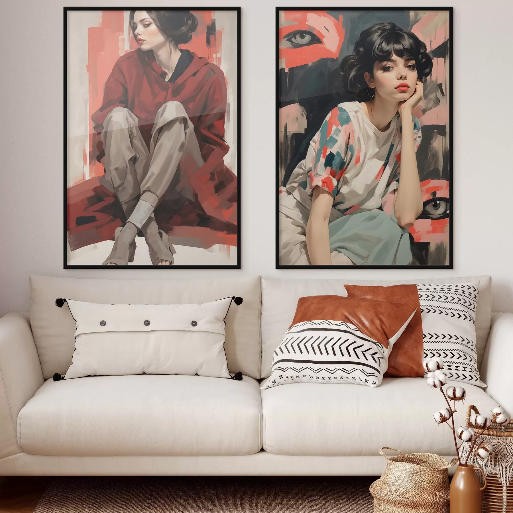 Fototapeta Portrety dziewcząt w czerwonym i beżowym abstrakcyjnym stylu d00695