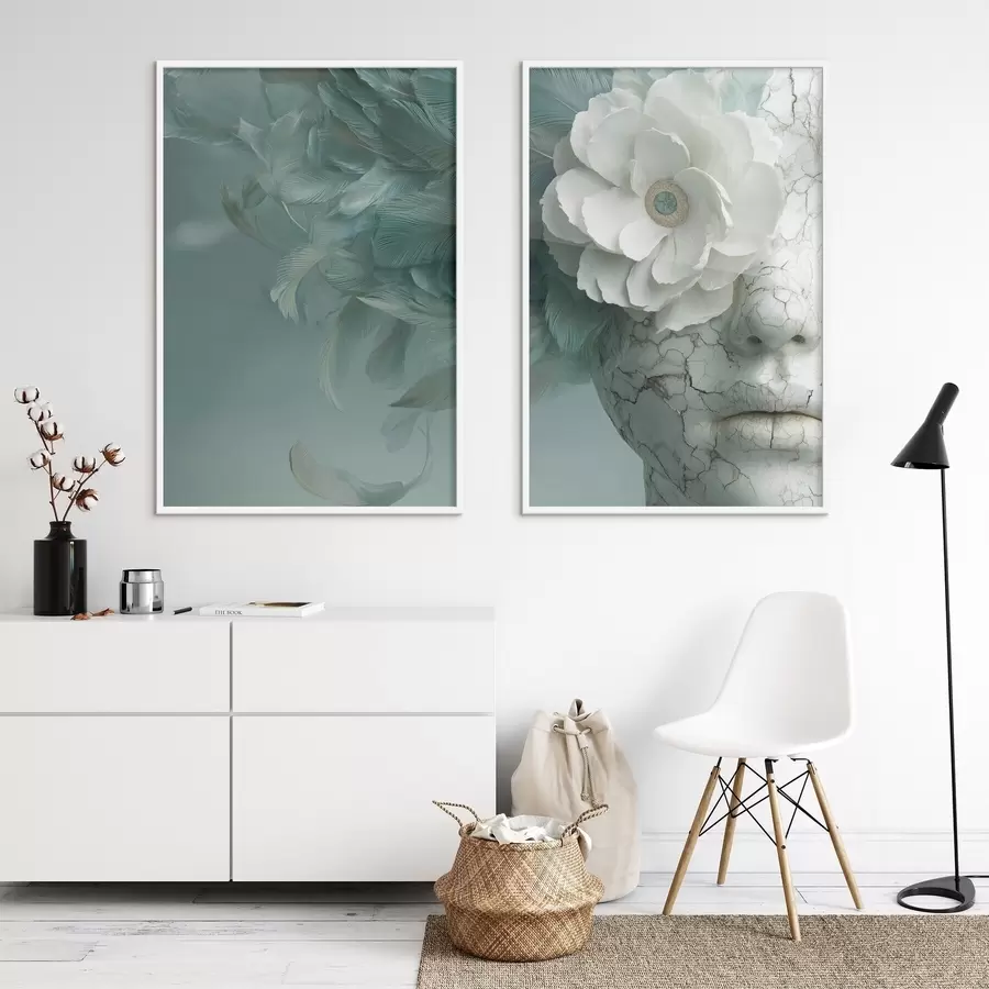 Fototapeta marmurowa twarz dziewczyny z kwiatem i piórami d00699